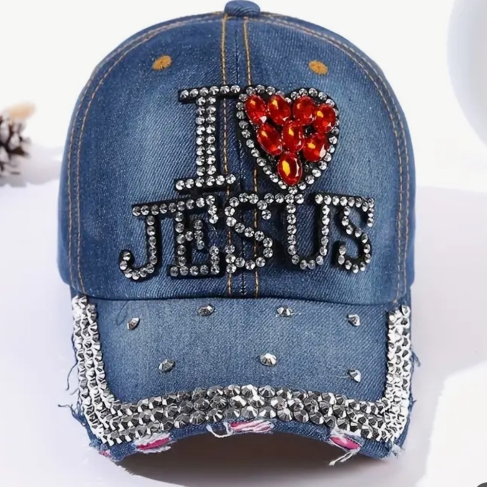 Denim Baseball cap gem encrusted I LOVE ❤️ Jesus